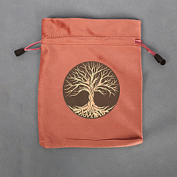 Salmon Rectangle Velvet Jewelry Storage Pouches, Tree of Life Printed Drawstring Bags, Salmon, 20x16cm