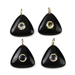 Обсидиан Природные подвески обсидиана, треугольные подвески с латунной микропаве с кубическими цирконами разных цветов, золотые, 26x21x6.5 мм, отверстие : 3x2 мм