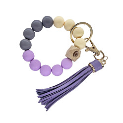 6 Colorful Silicone Bead Bracelet Keychain with PU Leather Tassel Pendant for Women