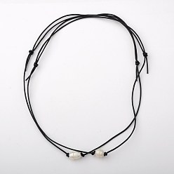 Black Freshwater Pearl Beaded Necklaces, with Cowhide Leather Cord, Black and Ivory, 26 inch
