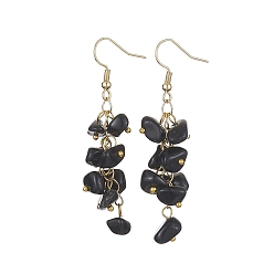 Obsidian Natural Obsidian Chips Dangle Earrings, Golden 304 Stainless Steel Cluster Earrings, 58~60x12~16mm