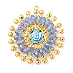 Синий 304 подвески из нержавеющей стали, цветочный шарм, со стеклом и смолой, реальный 18 k позолоченный, граненые, синие, 40.5x38x7.5 мм, отверстие : 1.6 мм
