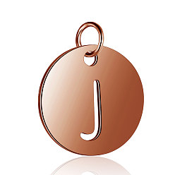 Letter J 304 Stainless Steel Charms, Flat Round with Letter, Rose Gold, Letter.J, 12x1mm, Hole: 2.5mm