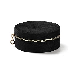Black Round Velvet Jewelry Storage Zipper Boxes, Portable Travel Jewelry Case for Rings Earrings Bracelets Storage, Black, 10.5x4.5cm