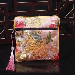 Pink Square Chinese Style Cloth Tassel Bags, with Zipper, for Bracelet, Necklace, Pink, 11.5x11.5cm