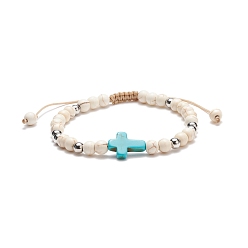 Magnesite Synthetic Magnesite Braided Bead Bracelet with Synthetic Turquoise(Dyed) Cross, Gemstone Jewelry for Women, Inner Diameter: 2-1/8~3-1/8 inch(5.5~8cm)
