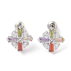 Разноцветный Серьги-гвоздики из латуни с микропаве из кубического циркония, долговечный, цветок, платина, красочный, 13.5x14 мм