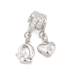 Letter Q Латунные микропаве прозрачные подвески с фианитом, сердце прелести, долговечный, стойки покрытие, без кадмия и без свинца, платина, Буква Q, 24 мм, отверстия : 3 mm и 4 мм, Сердце: 8.5x8x3.5 mm, Письмо: 11x8x3.5 мм