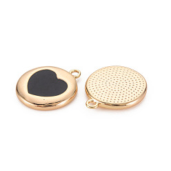 Black Brass Enamel Pendants, Nickel Free, Real 18K Gold Plated, Flat Round with Heart, Black, 16x14x2mm, Hole: 1.2mm