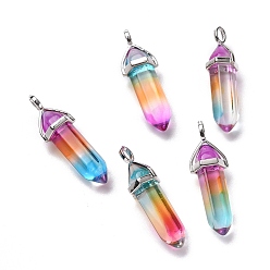 Purple Faceted Bullet Glass Pointed Pendants, with Platinum Plated Brass Findings, Purple, 38~39.5x12.5x10mm, Hole: 5x3mm