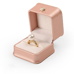 Light Salmon Crown Square PU Leather Ring Jewelry Box, Finger Ring Storage Gift Case, with Velvet Inside, for Wedding, Engagement, Light Salmon, 5.8x5.8x4.8cm