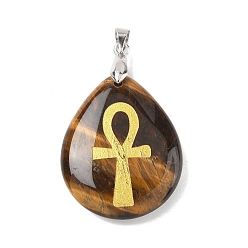 Тигровый глаз Подвески-кресты из натурального тигрового глаза с гравировкой из золота, подвески-слезинки с латунными скобами для крепления на стойке, без кадмия и без свинца, платина, 31x25x5~7 мм, отверстие : 4.5x4 мм