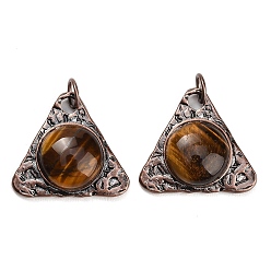 Tiger Eye Natural Tiger Eye Pendants, Alloy Triangle Bezeled Charms, Red Copper, 30x33.5x10mm, Hole: 6.3mm