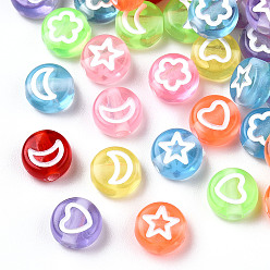 Mixed Color Transparent Spray Painted Acrylic Beads, Star/Moon/Flower/Heart Pattern, Flat Round, Mixed Color, 7x3.5mm, Hole: 1.6mm, about 6250pcs/500g