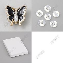 Черный Запонки из сплава, эмали и стразов, бабочка, с пластиковыми пуговицами с 4-отверстием, чёрные, 11.5~21.5x11.5~22.5x2~9 мм, 15 шт