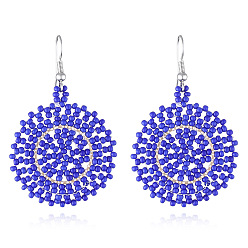 Королевский синий Женские серьги с плетеными стеклянными семенами, богемный стиль, плоско-круглые, королевский синий, 53x35 мм