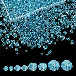 Cyan 8 Strands 4 Size Transparent Glass Beads Strands, Faceted, Rondelle, Cyan, 3~8x2~6mm, hole: 0.4~1mm, 65~155Pcs/strand, 15~16.9 inch(38~43cm), 2 Strands/size