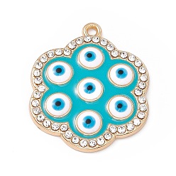 Light Gold Alloy Enamel Pendants, with Crystal Rhinestone, Flower with Evil Eye Charms, Light Gold, 28.5x24x3mm, Hole: 1.6mm