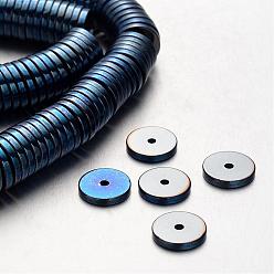 Blue Plated Electroplate Non-magnetic Synthetic Hematite Beads Strands, Heishi Beads, Disc/Flat Round, Blue Plated, 10x2mm, Hole: 1mm, about 198pcs/strand, 15.7 inch