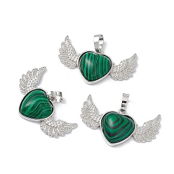Malachite Synthetic Malachite Pendants, Heart Charms with Wing, with Platinum Tone Brass Findings, 22x37.5x7mm, Hole: 7.5x5mm