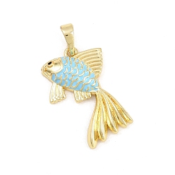 Небесно-голубой Латунные микро проложить кубического циркония подвески, с эмалью, рыбы прелести, долговечный, стойки покрытие, без свинца и без кадмия, реальный 18 k позолоченный, голубой, 22x24x4 мм, отверстие : 3.6x5 мм