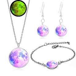 Violet Alloy & Glass Moon Effect Luminous Jewerly Sets, Including Bracelets, Earring and Necklaces, Violet
