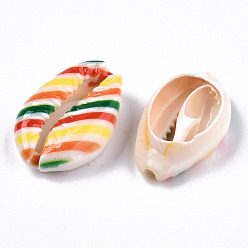 Разноцветный Набивные бусины из натуральных ракушек каури, нет отверстий / незавершенного, с рисунком из радужных полос, красочный, 18~22x13~14x6~8 мм