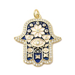 Синий Латунные микро проложить кубического циркония подвески, Религия Хамса обереги для рук, с эмалью, без свинца и без кадмия, долговечный, стойки покрытие, реальный 18 k позолоченный, с целью перехода в кольце, синие, 31.5x27x2.5 мм, отверстие : 3.4 мм