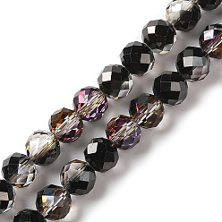 Black Half Golden Plated Electroplate Beads Strands, Faceted, Round, Black, 8x7.5mm, Hole: 1.2mm, about 68pcs/strand, 20.28''(51.5cm)