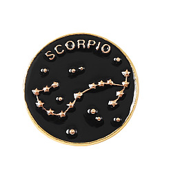 Scorpio Black Constellations Word Enamel Pin, Gold Plated Alloy Flat Round Badge for Backpack Clothes, Scorpio, 20mm