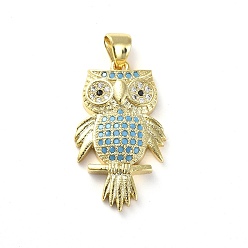 Golden Brass Micro Pave Cubic Zirconia Pendants, Owl, Colorful, Golden, 25x14.5x4mm, Hole: 4x4mm