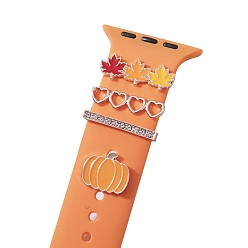 Light Gold Pumpkin & Leaf & Heart Autumn Alloy Rhinestones Watch Band Charms Set, with Enamel, Watch Band Decorative Ring Loops, Light Gold, Inner Diameter: 2.2x0.3cm, 4pcs/set
