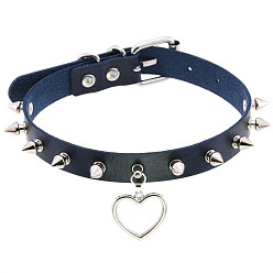 Deep blue Punk Rivet Spike Lock Collar Chain Necklace with Soft Girl Peach Heart Pendant