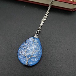 Light Sky Blue Teardrop with Tree Resin Pendant Necklace, Platinum Copper Wire Wrapped Necklace, Light Sky Blue, 20.47 inch(52cm)