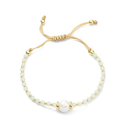 Honeydew Adjustable Pearl & Glass & Brass Braided Beaded Bracelet for Women, Honeydew, Inner Diameter: 1-7/8~2-7/8 inch(4.8~7.3cm)