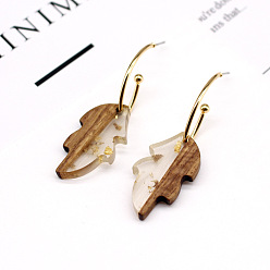 leaves Minimalist Wood and Resin Leaf Earrings with Gold Foil Hooks