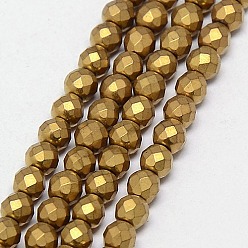 Golden Plated Electroplate Non-magnetic Synthetic Hematite Beads Strands, Faceted, Frosted, Round, Grade A, Golden Plated, 3mm, Hole: 1mm, about 127pcs/strand, 16 inch