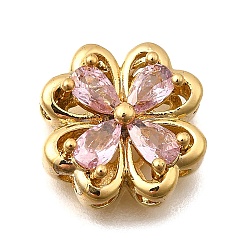 Pink Многожильные звенья из латуни с паве из кубического циркония, клевер, реальный 18 k позолоченный, розовые, 13.5x13.5x6 мм, отверстие : 1.8 мм