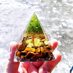 Tiger Eye Orgonite Pyramid Resin Energy Generators, Reiki Natural Tiger Eye & Peridot Chips Tree of Life for Home Office Desk Decoration, 50mm