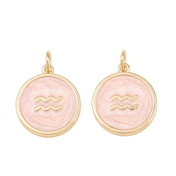 Aquarius Brass Enamel Pendants, Flat Round & Constellation Charms, Rack Plating, Long-Lasting Plated, Cadmium Free & Lead Free, Golden, Aquarius Charms, 17.5x15x2mm, Hole: 3mm