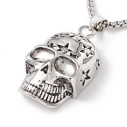 Antique Silver & Stainless Steel Color Alloy Skull with Star Pendant Necklace with 201 Stainless Steel Box Chains, Gothic Jewelry for Men Women, Antique Silver & Stainless Steel Color, 23.62 inch(60cm)