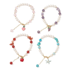 Mixed Color 4Pcs 4 Style Grape & Apple & Peach & Starfish Alloy Enamel Charm Bracelets Set, Natural & Synthetic Mixed Stone Chips & Natural Shell Beaded Stackable Bracelets, Mixed Color, 7-5/8~7-3/4 inch(19.3~19.8cm), 1Pc/style