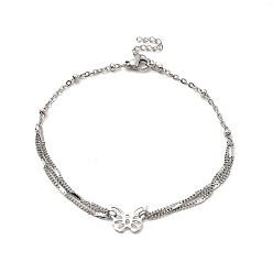 Butterfly Tarnish Resistant 304 Stainless Steel Link Anklet with Satellite Chains for Women, Stainless Steel Color, Butterfly Pattern, Burtterfly: 9.5x13x0.5mm, 8-5/8 inch(22cm)