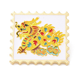 Yellow Wavy Rectangle with Dragon Enamel Pins, Light Gold Plated Alloy Brooch, Chinese Style Zodiac Sign Badge, Yellow, 30x30x1.5mm