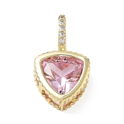 Pink Brass Pave Cubic Zirconia Pendants, Triangle Charms, Long-Lasting Plated, Rack Plating, Lead Free & Cadmium Free, Real 18K Gold Plated, Pink, 21x12x6mm, Hole: 7x5mm