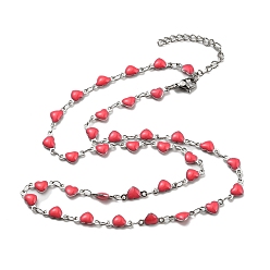 Light Coral 304 Stainless Steel Heart Link Chain Necklaces, with Enamel, Light Coral, 17.72~17.91 inch(45~45.5cm)