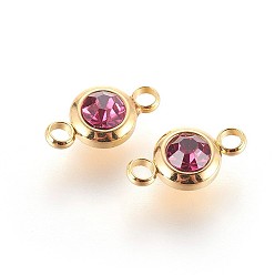 Фуксиновый 304 соединители звеньев из нержавеющей стали со стразами, плоско-круглые, золотые, красно-фиолетовые, 12x6.5x4 мм, отверстие : 2 мм