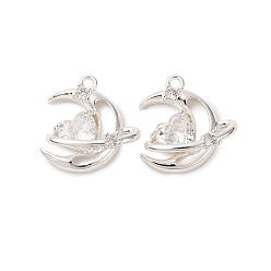 Посеребрённый Латунные микро проложить кубического циркония подвески, Луна и сердце, 925 серебро покрытием, 16x15.5x6.5 мм, отверстие : 1.4 мм