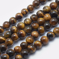 Dark Goldenrod Natural Tiger Eye Beads Strands, Grade AB+, Round, Dark Goldenrod, 8mm, Hole: 2mm, about 48pcs/strand, 15.3 inch