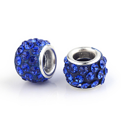 Sapphire Polymer Clay Rhinestone European Beads, Large Hole Beads, Rondelle, with Silver Color Plated Brass Cores, Sapphire, 10~12x7~8mm, Hole: 5mm